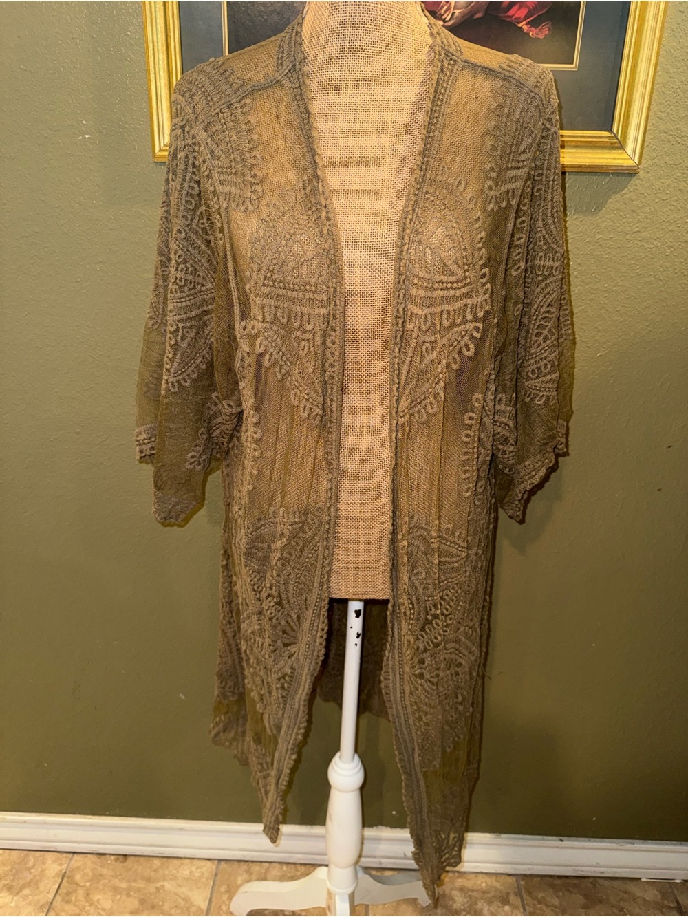 Embroidered Sheer Duster Kimono in Olive Brown